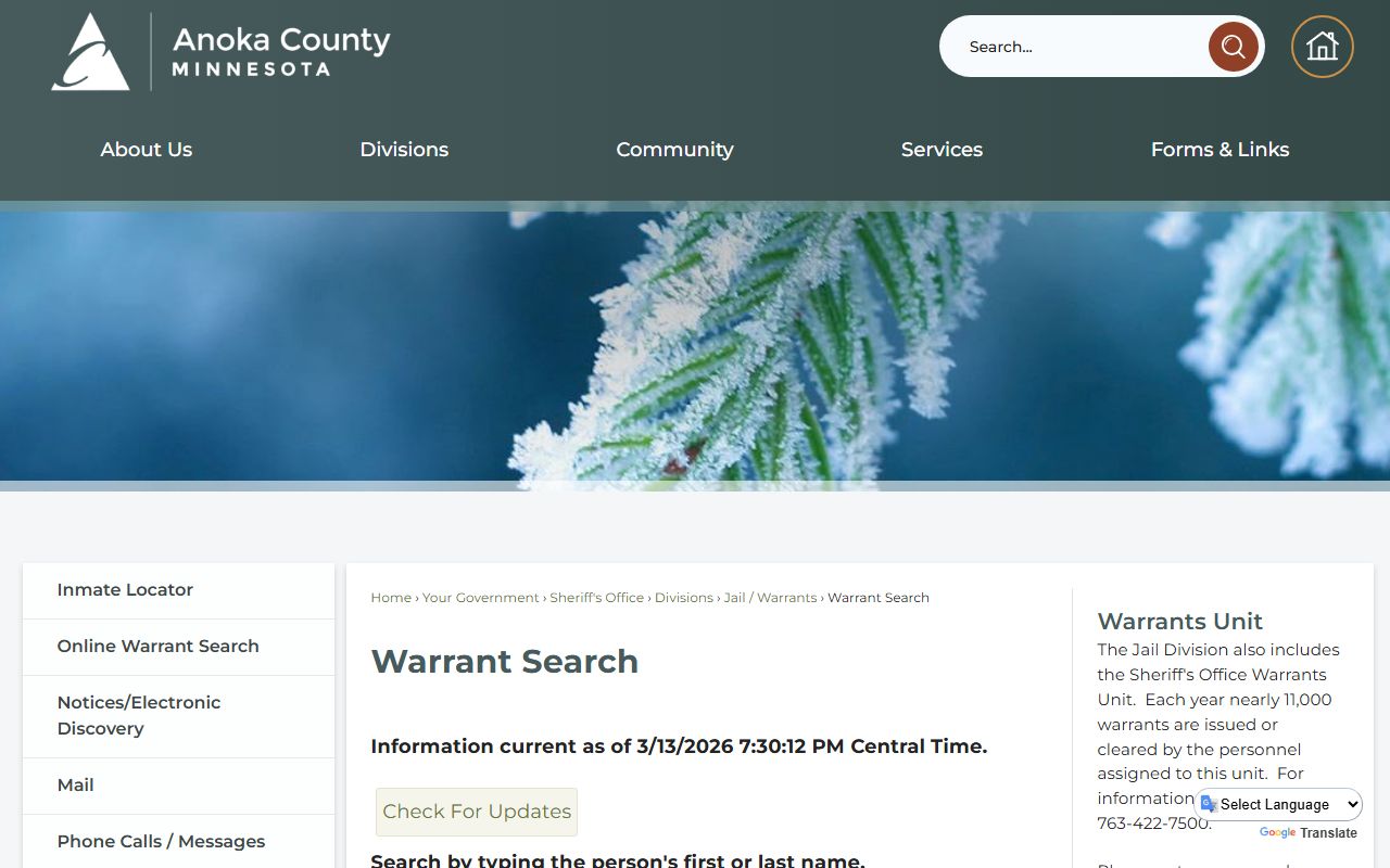 Anoka County White Pages warrant search page