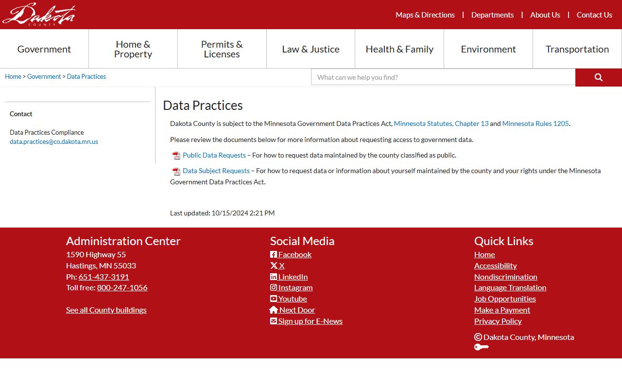 Dakota County White Pages data practices request page
