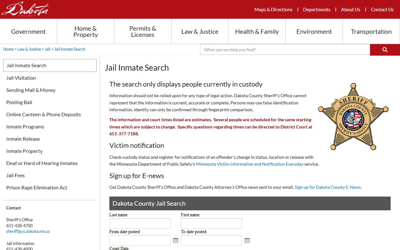Dakota County White Pages jail inmate search tool