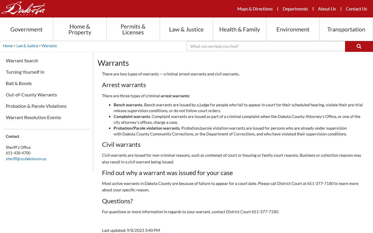 Dakota County White Pages warrant search page
