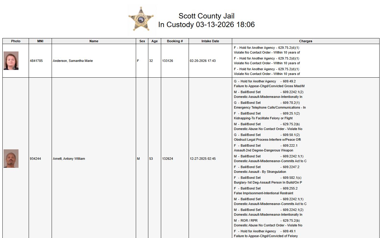 Scott County White Pages jail roster search page