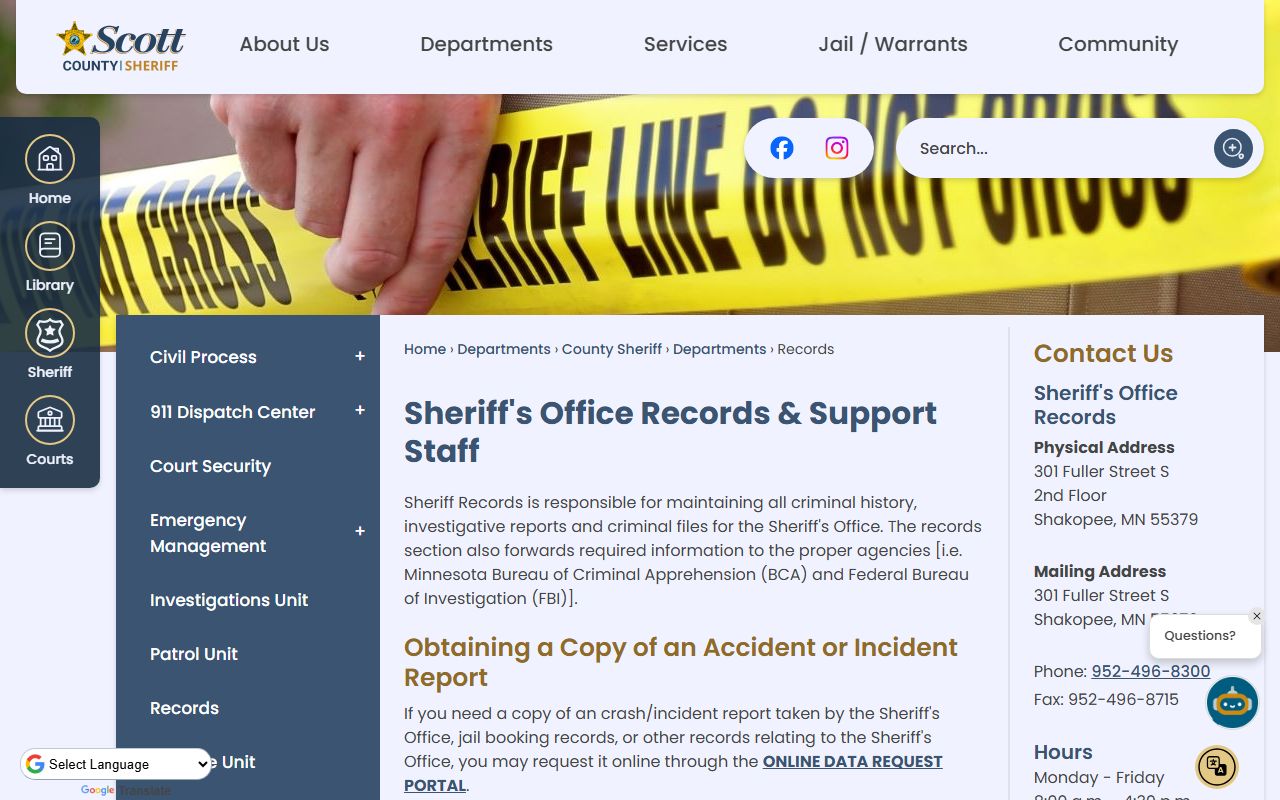 Scott County White Pages sheriff's office records page