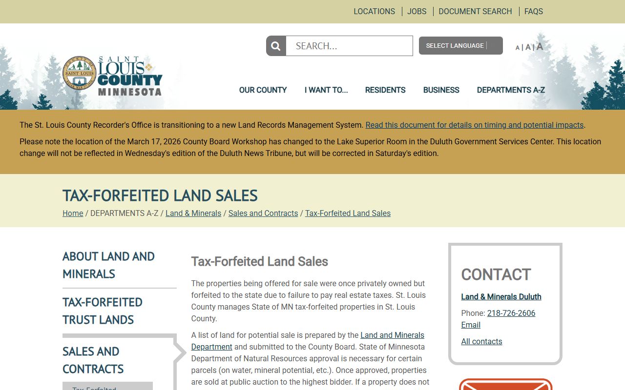 St. Louis County White Pages tax-forfeited land sales page