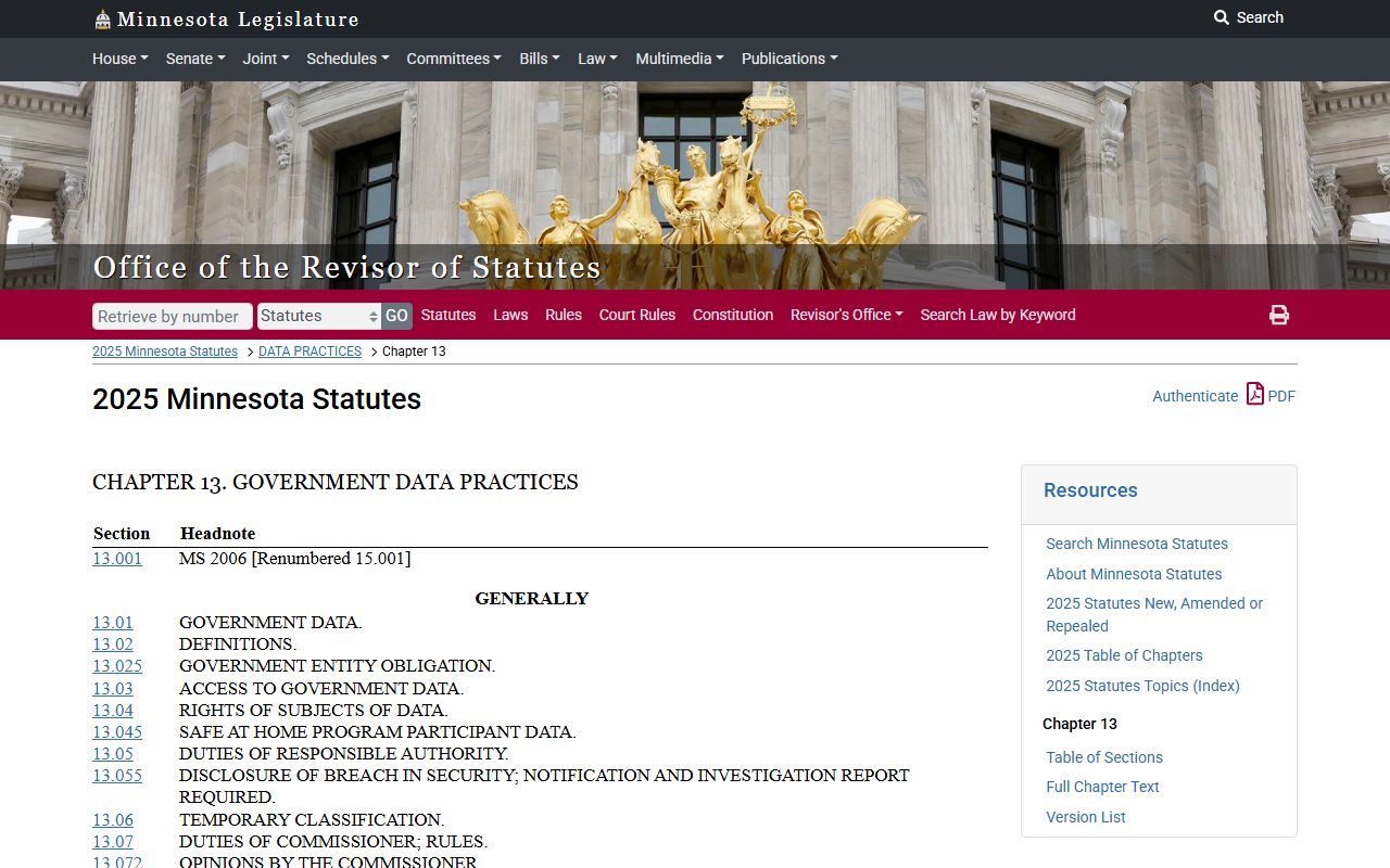 Minnesota White Pages data practices act statutes page